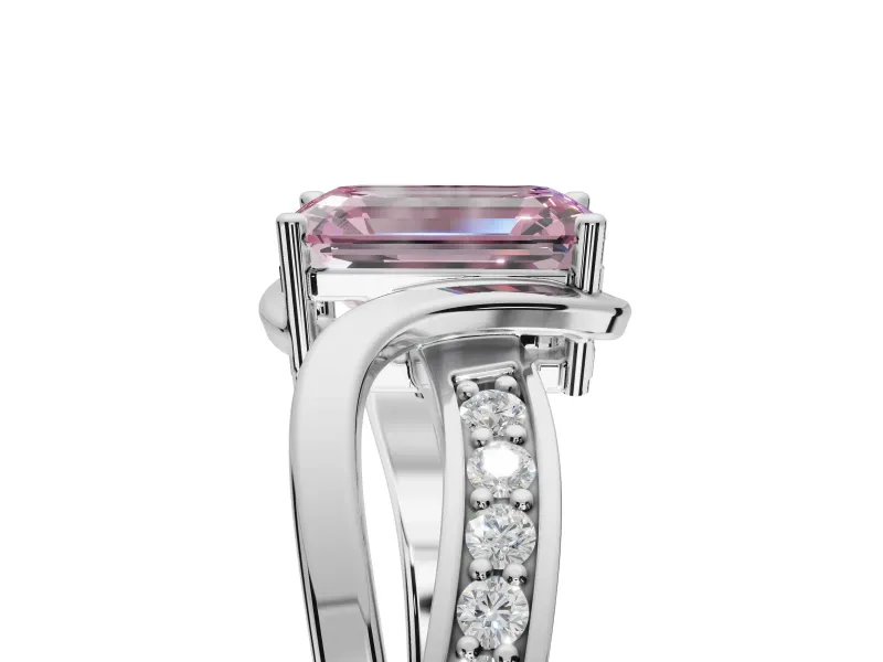 Emerald Cut Bypass Solitaire Engagement Ring Setting for a Fancy Pink Lab-Grown Diamond | Pavé Strands | Sterling Silver