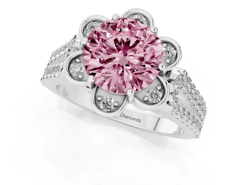 Round Floral Halo Engagement Ring Setting for a Fancy Pink Lab-Grown Diamond | Pavé Split Shank | Sterling Silver