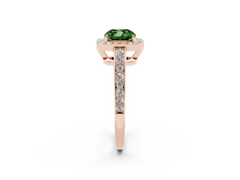 Fancy Green Cushion Cut Diamond Halo Pavé Engagement Ring Set in Rose gold with Bezel Setting