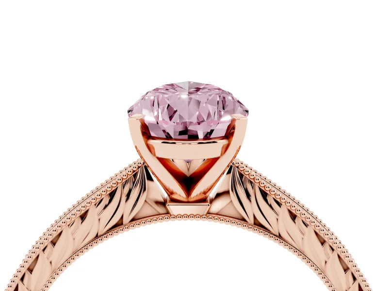 Fancy Pink Pear Cut Diamond Solitaire Milgrain Engraved Band Set in Rose gold with Prong Setting