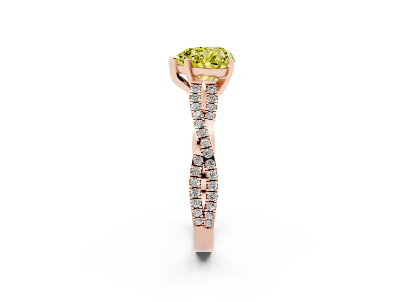 Fancy Yellow Heart Cut Diamond Solitaire Engagement Ring Set in Rose gold with Twisted Pavé Band and Prong Setting