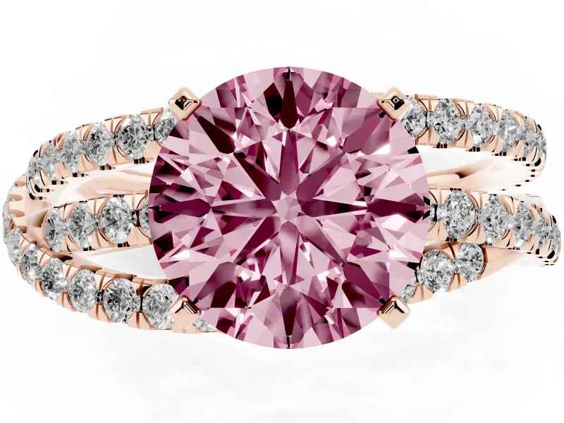 Fancy Pink Round Cut Diamond Solitaire Twist Band Ring Set in Rose gold with Pavé Setting and Prong Head