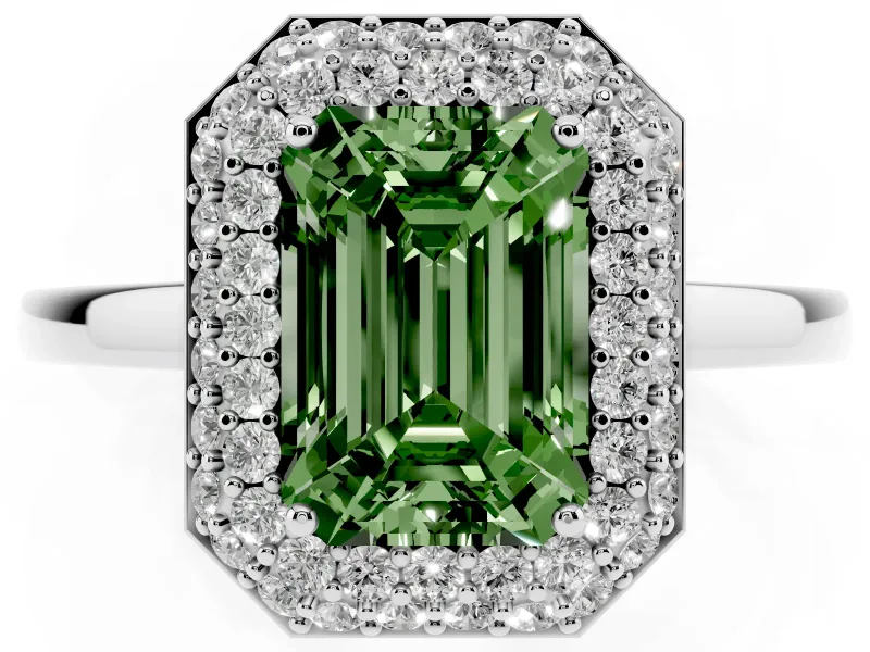 Emerald Cut Pave Halo Engagement Ring Setting for a Fancy Green Lab-Grown Diamond | Slim Plain Band | Sterling Silver