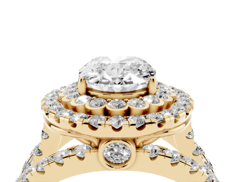 Oval Double Halo Split Shank Engagement Ring Setting | Pave Strands | Yellow Gold