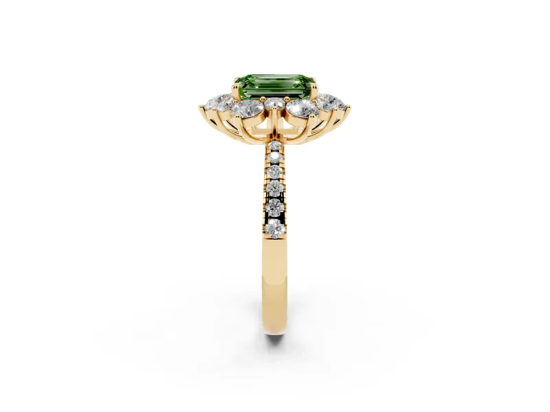 Fancy Green Emerald Cut Diamond Floral Halo Ring Set in Yellow gold with Round Pavé Band and Prong Setting