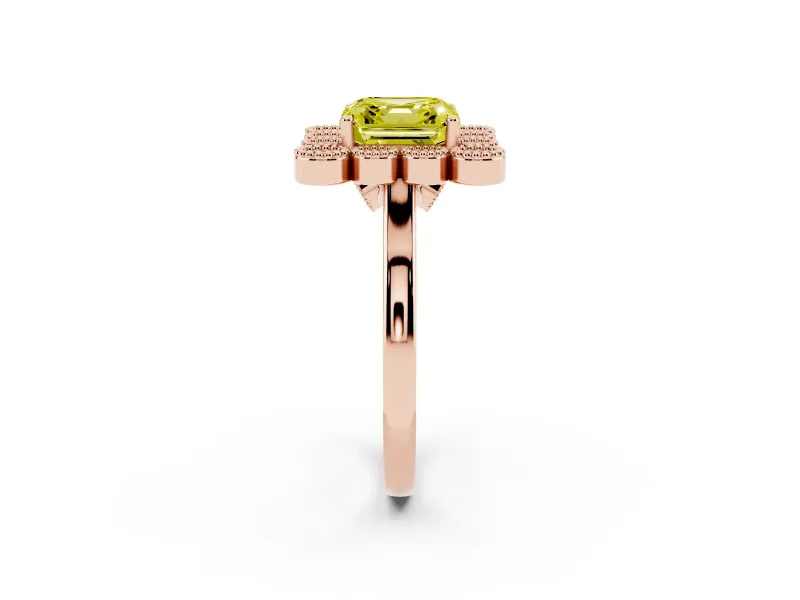 Asscher Cut Milgrain Cluster Halo Engagement Ring Setting for a Fancy Yellow Lab-Grown Diamond | Plain Band | Rose Gold