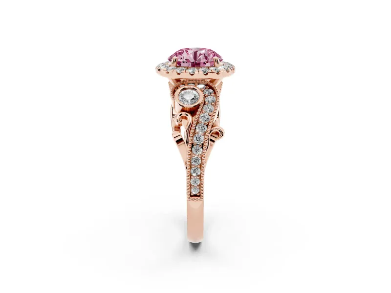 Fancy Pink Round Cut Diamond Halo Ring Set in Rose gold with Milgrain Pavé Band and Prong Setting