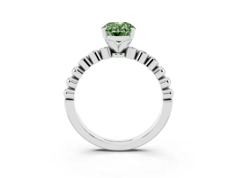 Fancy Green Oval Cut Diamond Solitaire Engagement Ring Set in Platinum with Bezel Accents on Beaded Band