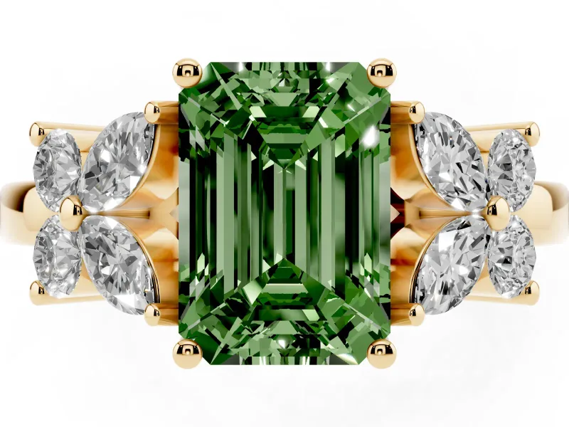 Emerald Cut Floral Engagement Ring Setting for a Fancy Green Lab-Grown Diamond | Yellow Gold