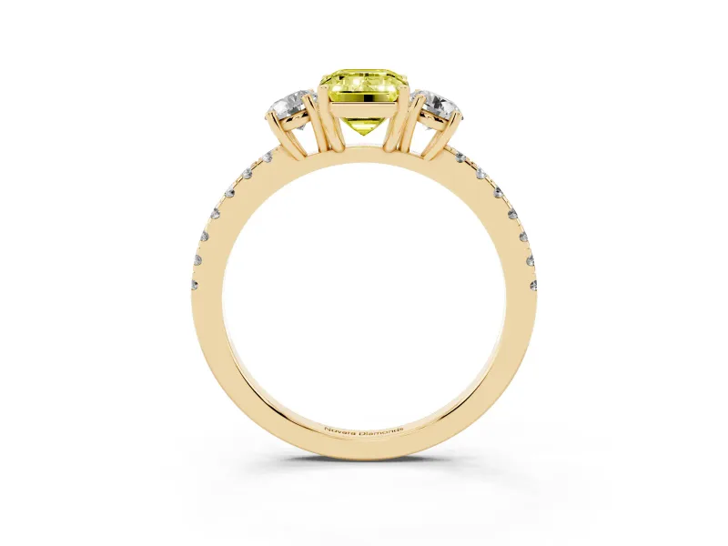 Emerald Cut Three Stone Engagement Ring Setting for a Fancy Yellow Lab-Grown Diamond | Pave Shoulders | Yellow Gold