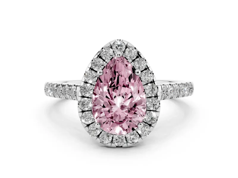 Fancy Pink Pear Cut Diamond Halo Pavé Engagement Ring Set in White gold with Prong Setting