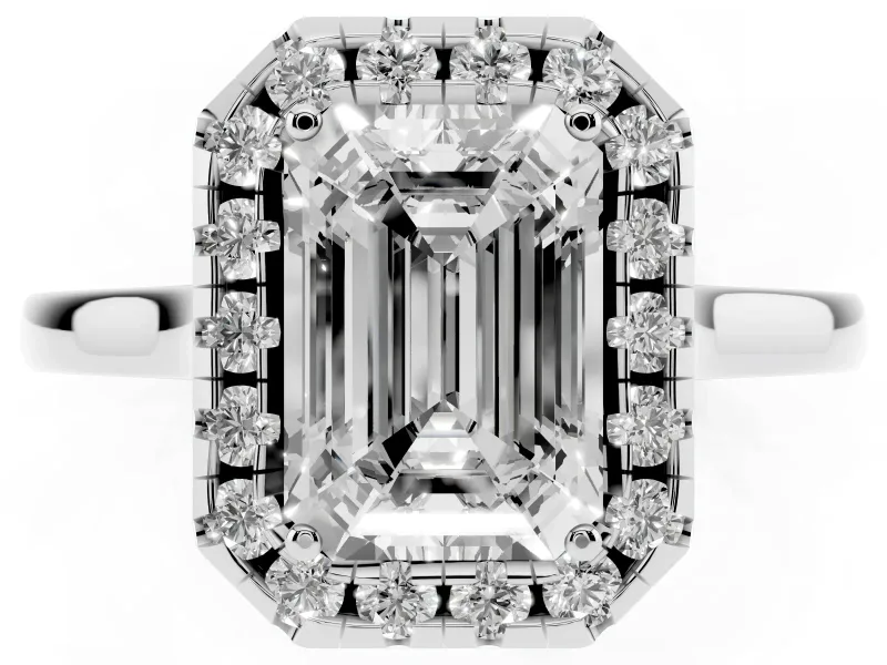 Emerald Cut Halo Round Diamond Solitaire Ring Set in White gold with Pavé Band and Prong Setting