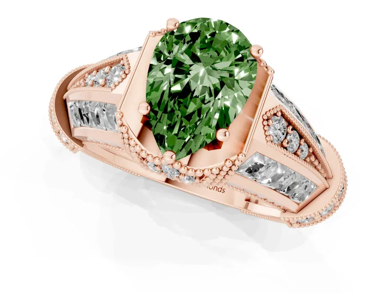 Fancy Green Pear Cut Diamond Vintage-Inspired Milgrain Ring Set in Rose gold with Accent Split Shank