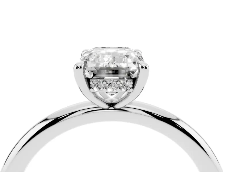 Emerald Cut Hidden Halo Engagement Ring Setting | Thin Plain Band | Sterling Silver