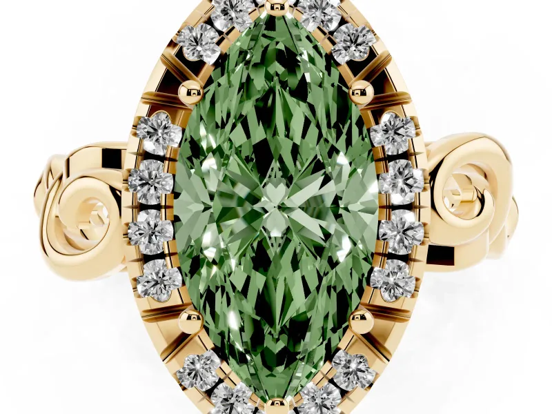 Fancy Green Marquise Cut Diamond Halo Ring Set in Yellow gold with Scrollwork Band and Prong Setting