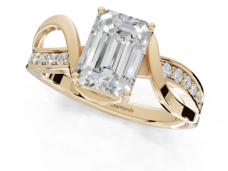 Emerald Cut Bypass Solitaire Engagement Ring Setting | Pavé and Plain Strands | Yellow Gold