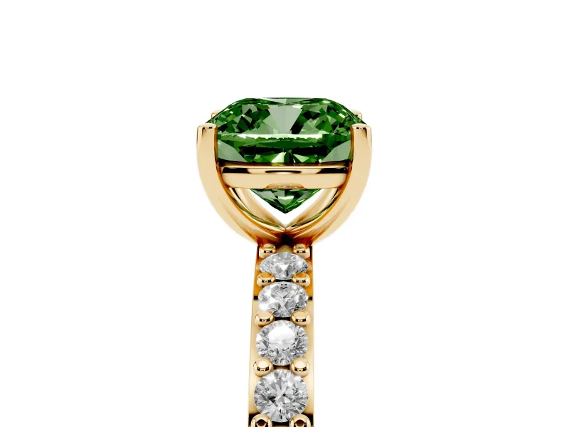 Cushion Cut Pavé Solitaire Engagement Ring Setting for a Fancy Green Lab-Grown Diamond | Single Row Band | Yellow Gold