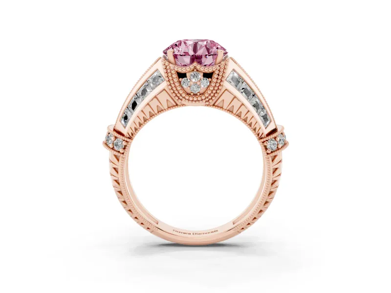Fancy Pink Round Cut Diamond Vintage-Inspired Milgrain Ring Set in Rose gold with Accent Split Shank