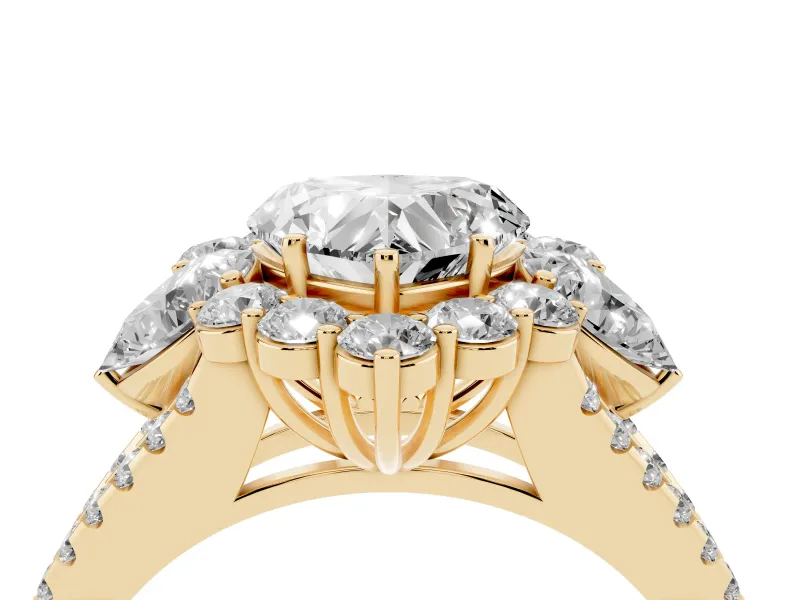 Heart-Shaped Scalloped Halo Engagement Ring Setting | Pear Side Stones | Yellow Gold