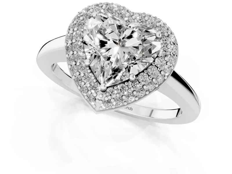 Heart Cut Diamond Halo Engagement Ring Set in Silver with Solitaire Band and Prong Setting