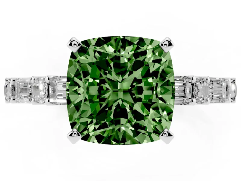 Fancy Green Cushion Cut Diamond Solitaire Set in Platinum with Side Baguettes and Channel Set Band