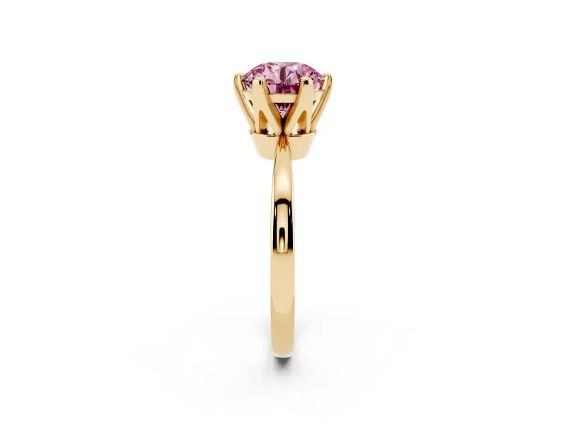 Fancy Pink Round Cut Diamond Solitaire Engagement Ring Set in Yellow gold with Slim Tapered Solitaire Band