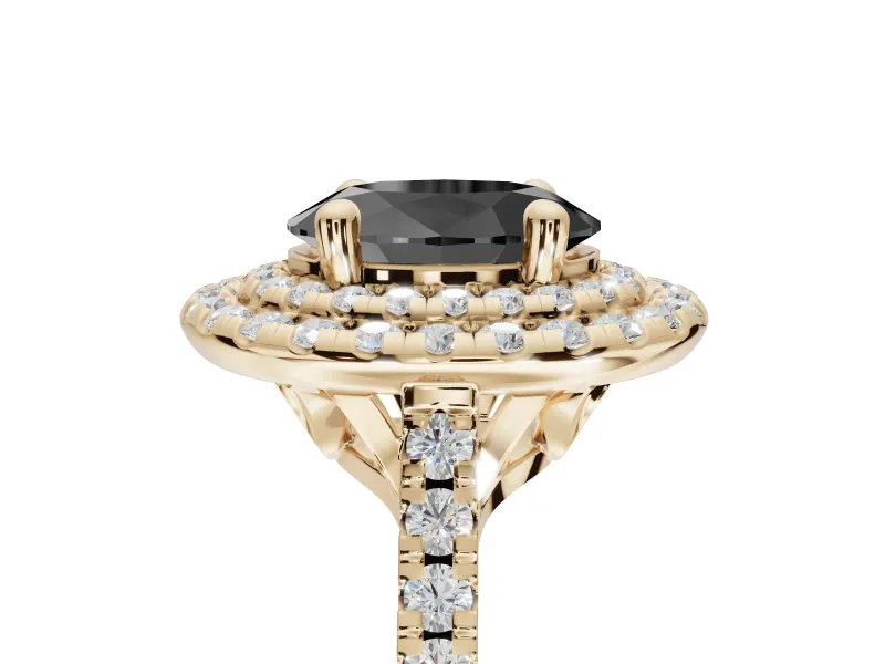 Oval Double Halo Engagement Ring Setting for a Black Center | Pavé Shoulders | Yellow Gold