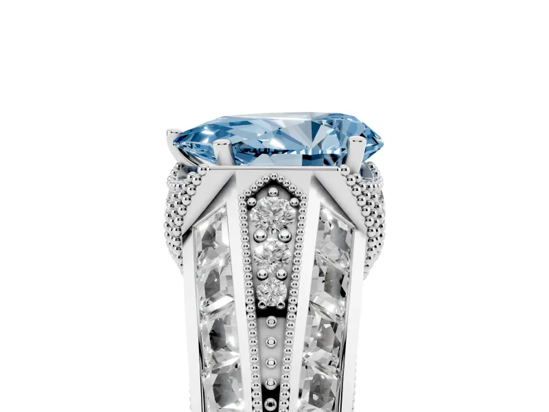 Fancy Blue Pear Cut Diamond Vintage-Inspired Milgrain Ring Set in Silver with Accent Split Shank