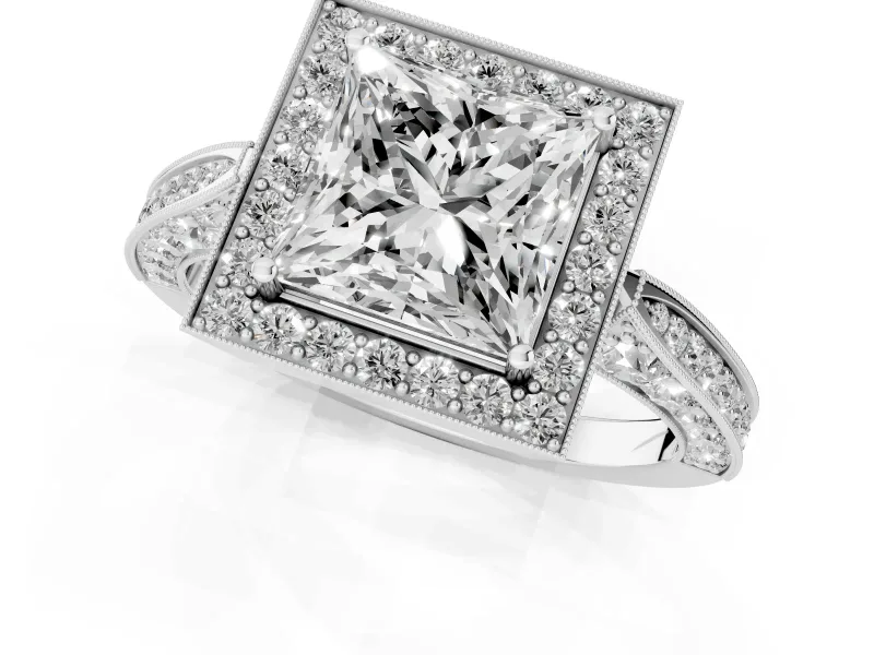 Princess Cut Vintage Milgrain Halo Engagement Ring Setting | Side Stones and Pave | Platinum