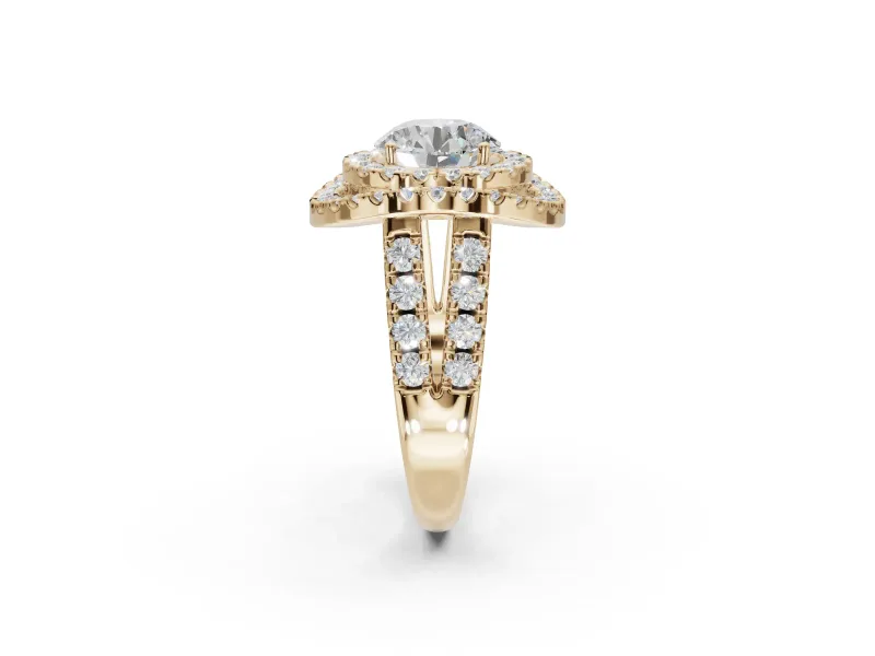 Round Double Halo Split Shank Engagement Ring Setting | Multi-Row Pavé | Yellow Gold