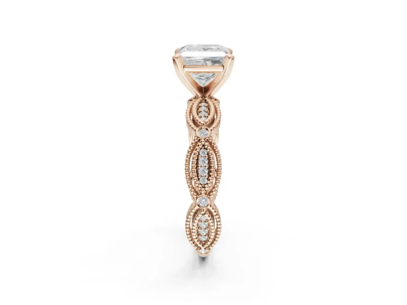 Princess Cut Vintage Milgrain Engagement Ring Setting | Graduated Stations | Rose Gold