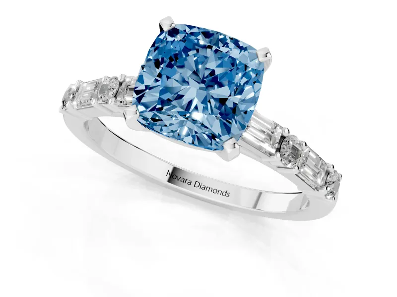 Fancy Blue Cushion Cut Diamond Solitaire Set in Silver with Side Baguettes and Channel Set Band