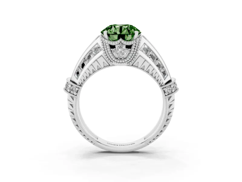 Round Vintage Milgrain Engagement Ring Setting for a Fancy Green Lab-Grown Diamond | Hidden Halo | Platinum