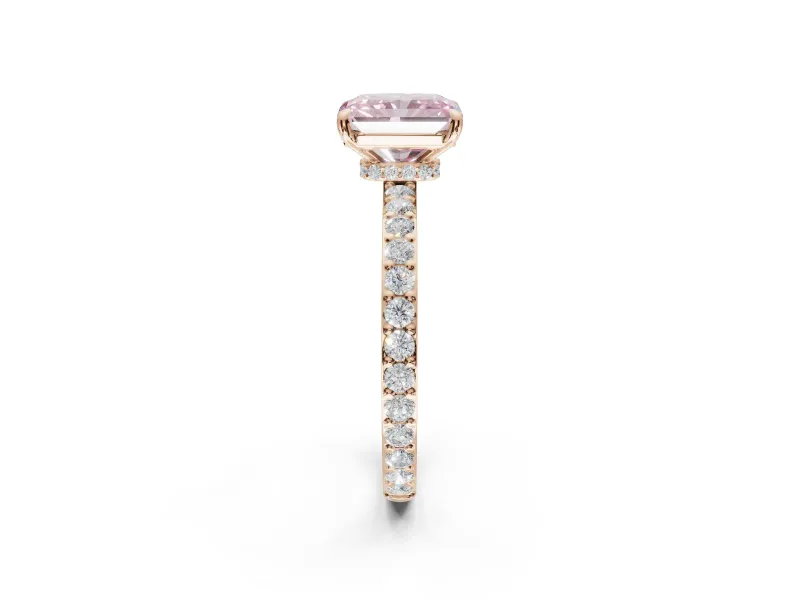 Radiant Cut Hidden Halo Engagement Ring Setting for a Fancy Pink Lab-Grown Diamond | Pavé Band | Rose Gold