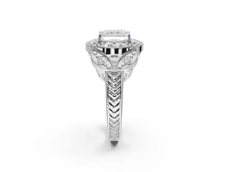 Radiant Cut Vintage Floral Halo Engagement Ring Setting | Engraved Milgrain Band | White Gold