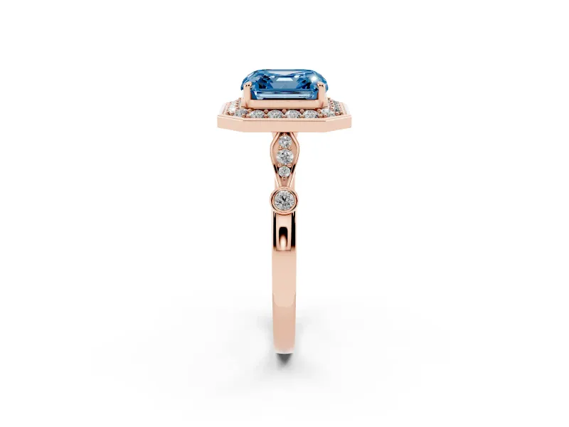 Asscher Cut Halo Engagement Ring Setting for a Fancy Blue Lab-Grown Diamond | Bezel Station Shoulders | Rose Gold