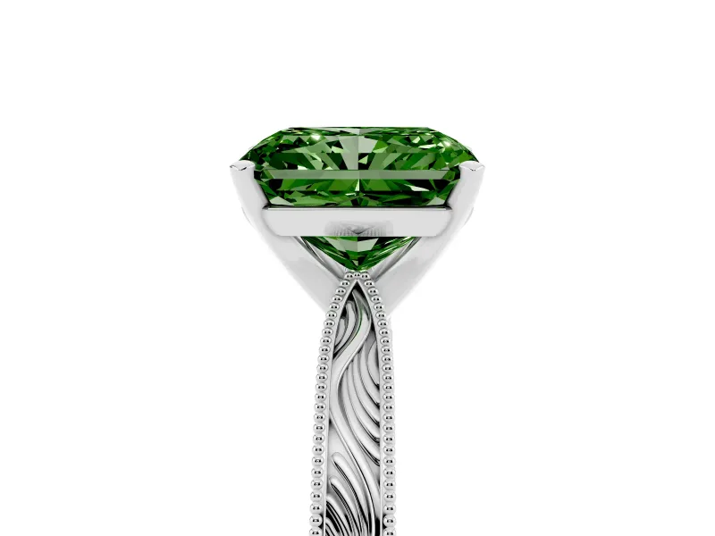 Fancy Green Radiant Cut Diamond Solitaire Milgrain Engraved Band Set in Platinum with Prong Setting
