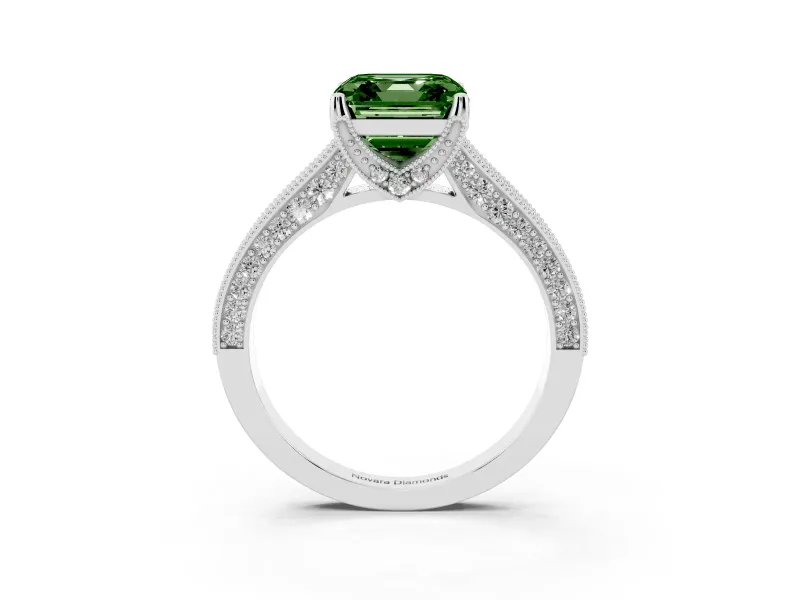 Asscher Cut Hidden Halo Engagement Ring Setting for a Fancy Green Lab-Grown Diamond | Milgrain Pave | Platinum