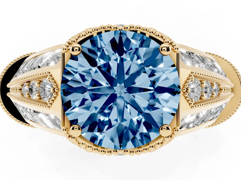 Fancy Blue Round Cut Diamond Vintage-Inspired Milgrain Ring Set in Yellow gold with Accent Split Shank