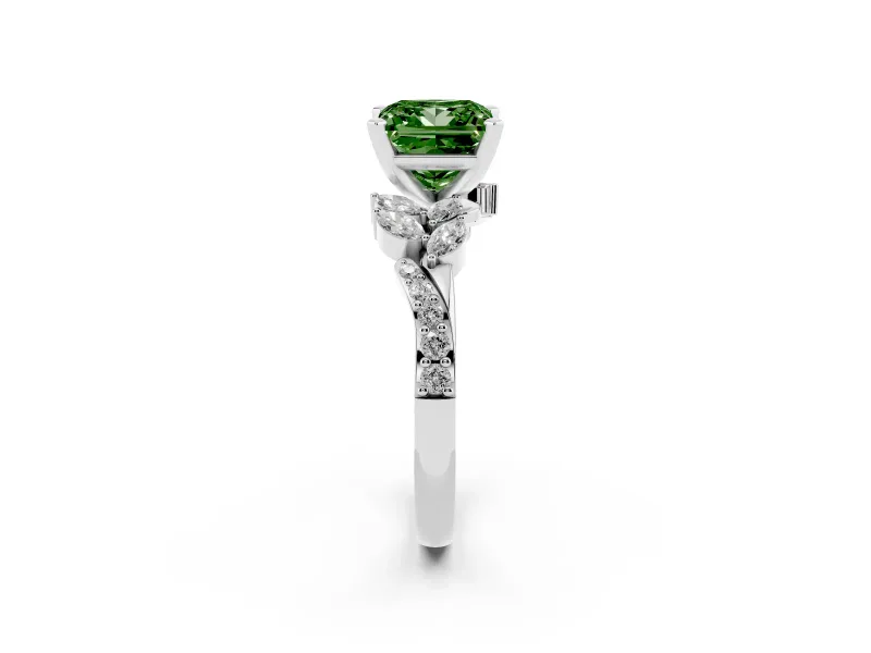 Fancy Green Princess Cut Diamond Solitaire Ring Set in Silver with Marquise Twist Band and Prong Setting