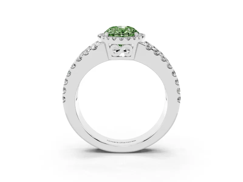 Fancy Green Oval Cut Diamond Halo Ring Set in White gold with Pavé Split Shank and Prong Setting
