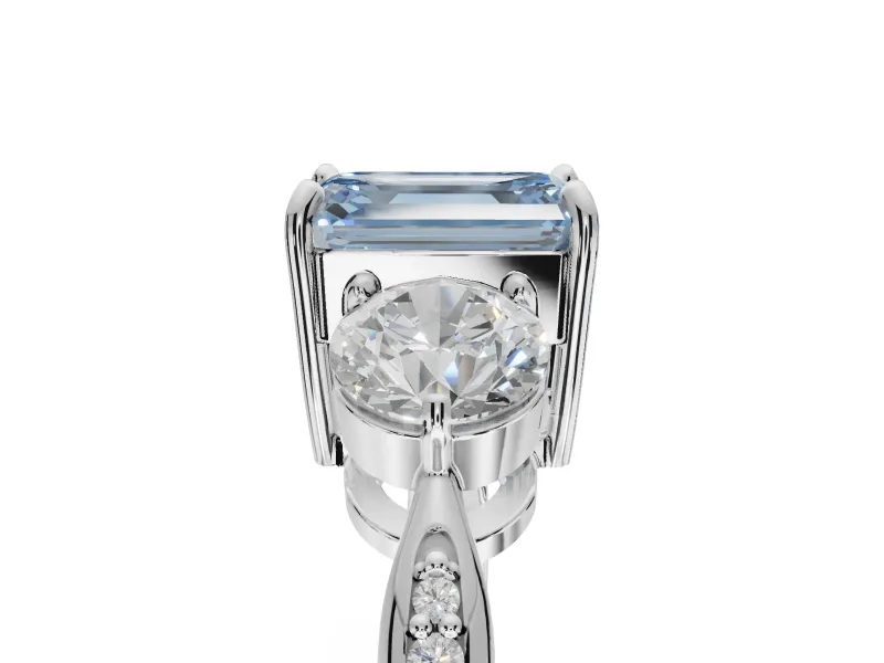 Emerald Cut Three Stone Engagement Ring Setting for a Fancy Blue Lab-Grown Diamond | Tapered Pave Band | Platinum