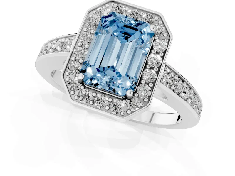 Fancy Blue Emerald Cut Diamond Halo Pavé Engagement Ring Set in White gold with Bezel Setting