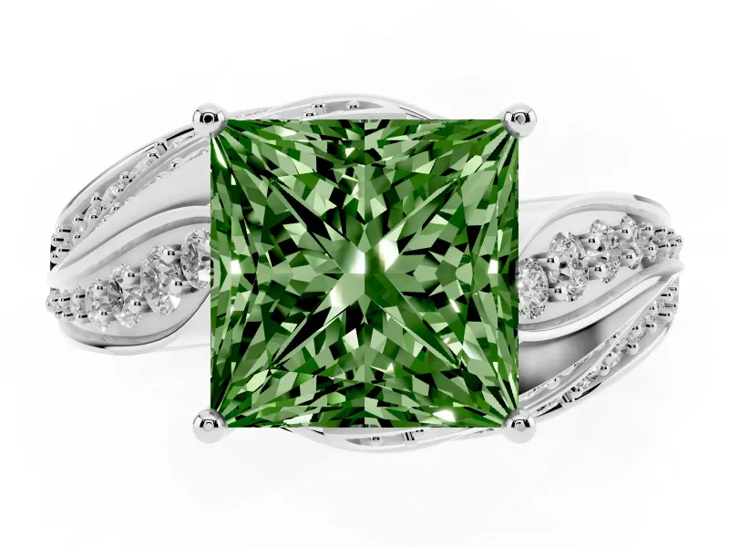 Princess Cut Bypass Hidden Halo Engagement Ring Setting for a Fancy Green Lab-Grown Diamond | Graduated Pavé | Platinum