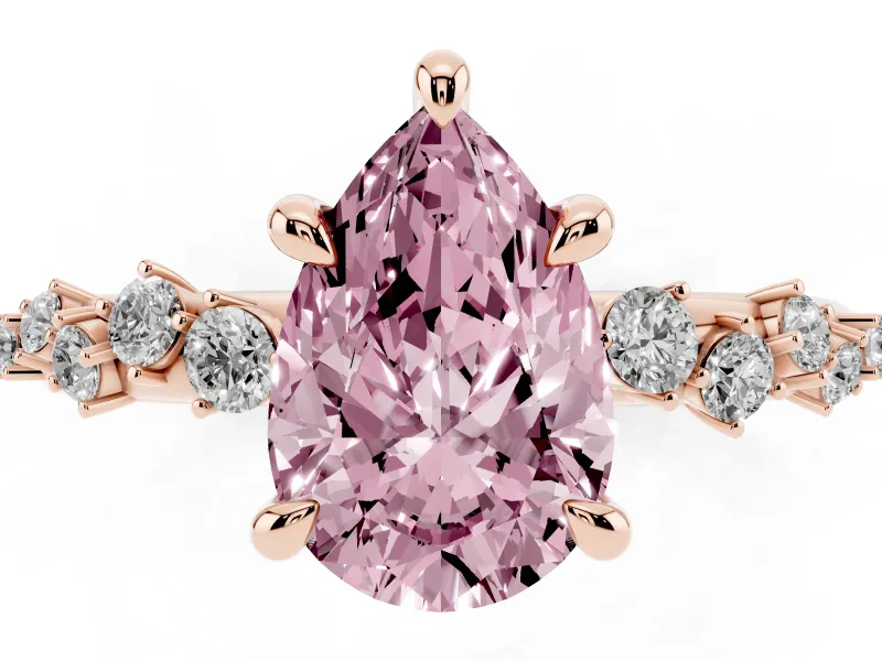 Fancy Pink Pear Cut Diamond Solitaire Vine Band Ring Set in Rose gold with Round Accents and Prong Setting