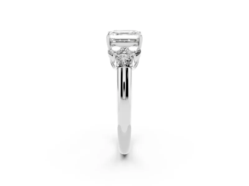 Asscher Cut Diamond Cluster Ring Set in Silver with Round Accent Stones and Prong Setting on a Plain Band