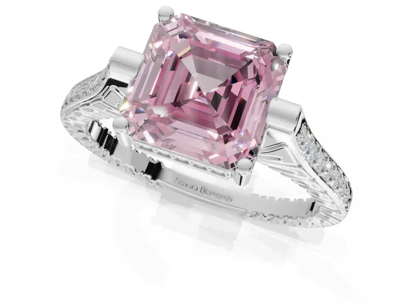 Asscher Cut Vintage Cathedral Engagement Ring Setting for a Fancy Pink Lab-Grown Diamond | Carved Band | White Gold