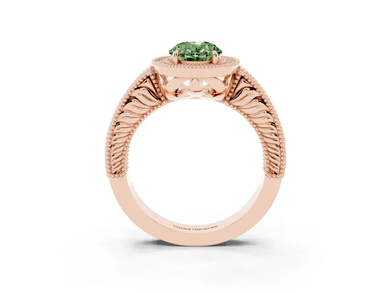 Fancy Green Oval Cut Diamond Halo Ring Set in Rose gold with Round Accent Halo, Pavé Band and Prong Setting