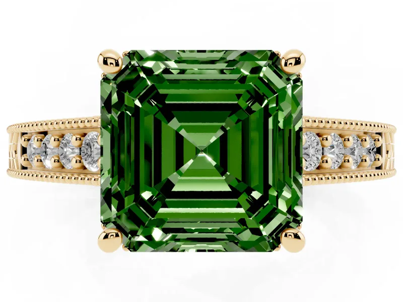 Asscher Cut Engraved Engagement Ring Setting for a Fancy Green Lab-Grown Diamond | Yellow Gold