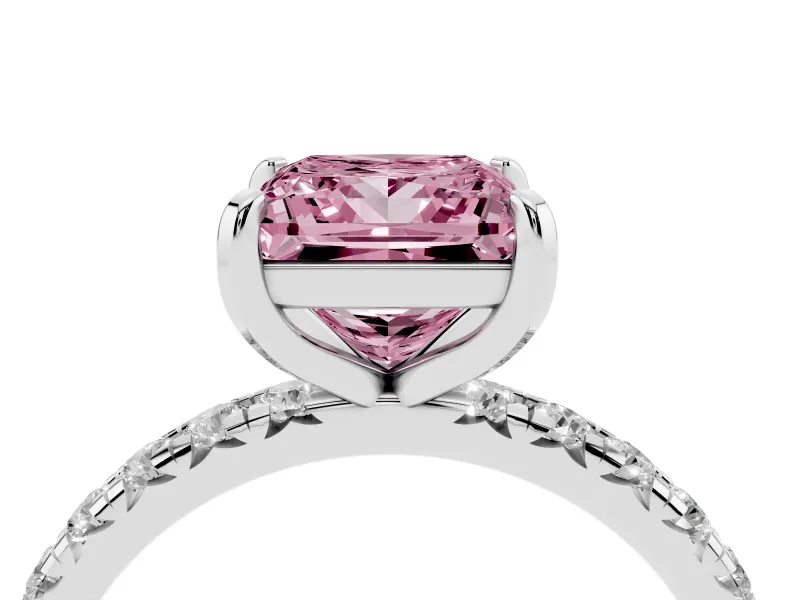 Fancy Pink Princess Cut Diamond Pavé Solitaire Ring Set in Platinum with Round Band and Prong Setting